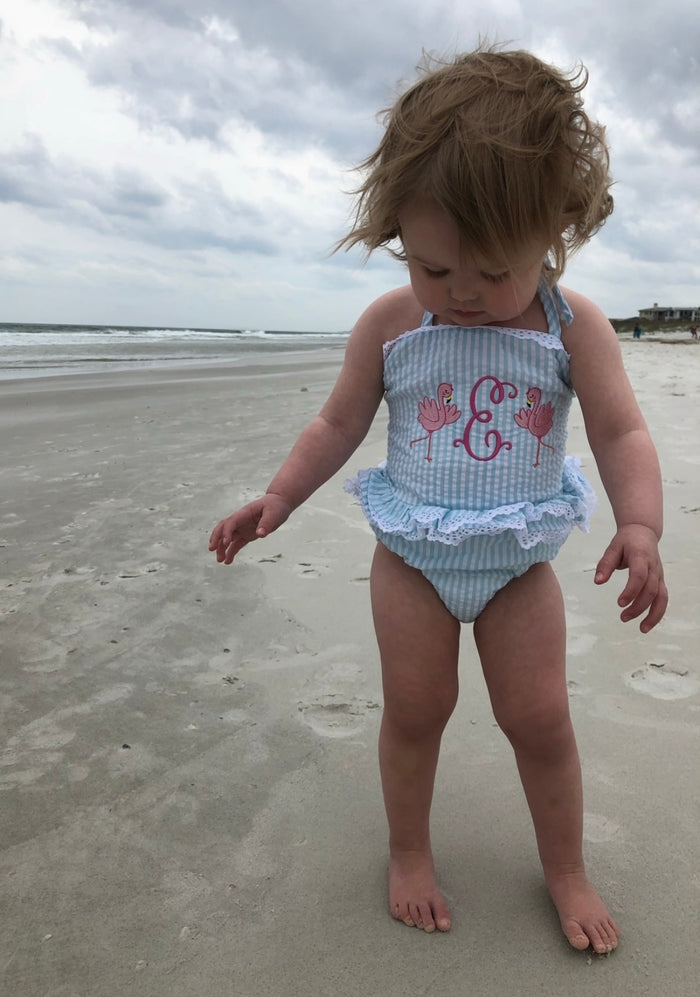 2T light blue seersucker embroidered swimsuit