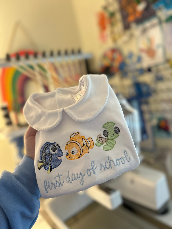 First Day Fish Embroidered Peter Pan Collar Shirt