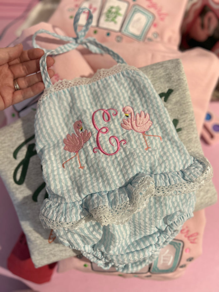2T light blue seersucker embroidered swimsuit