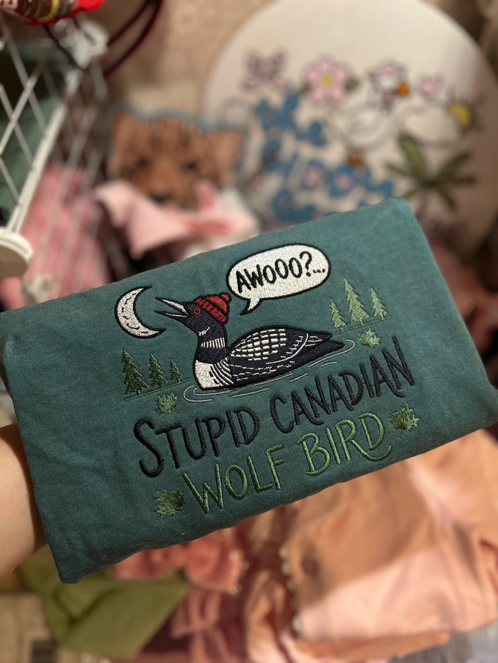 Stupid Canadian Wolf Bird Embroidered T-Shirt