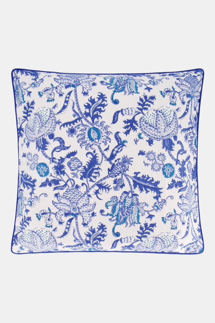 The Amanda Decorative Pillow by Roller Rabbit features a white 100 cotton cover with an intricate blue floral and leaf hand-blocked print, turquoise accents, and blue piping.