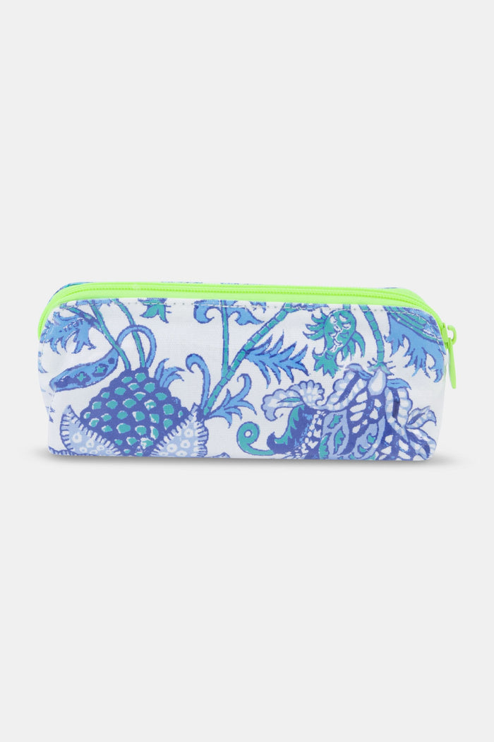 The Amanda Makeup Bag by Roller Rabbit is a rectangular fabric beauty bag featuring a blue and purple floral pattern with a bright green zipper, shown against a white background.