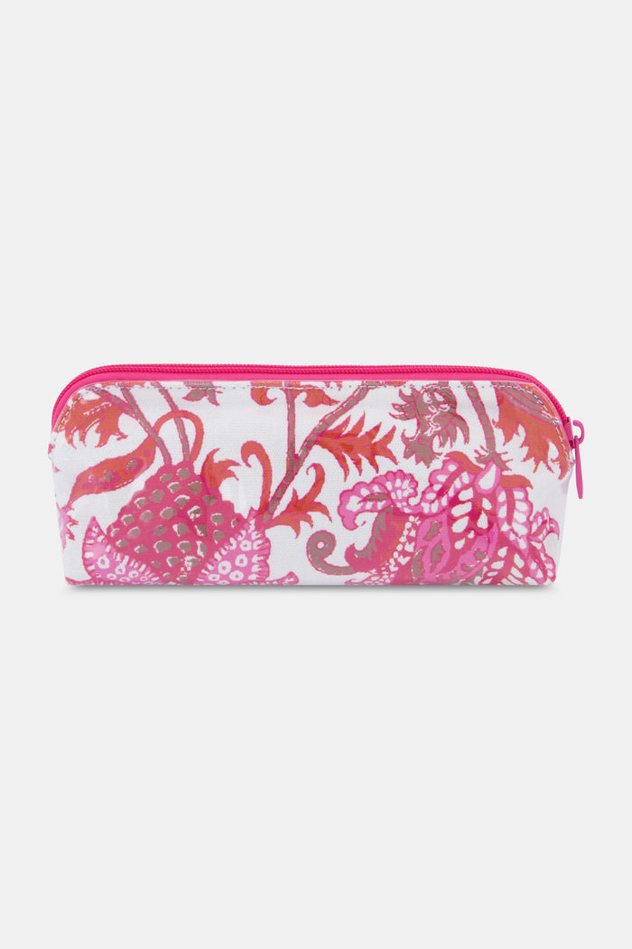 The Amanda Makeup Bag by Roller Rabbit features a pink and red floral print on white fabric, plus a matching pink zipper. This stylish zippered pouch is perfect as a beauty bag or travel accessory.