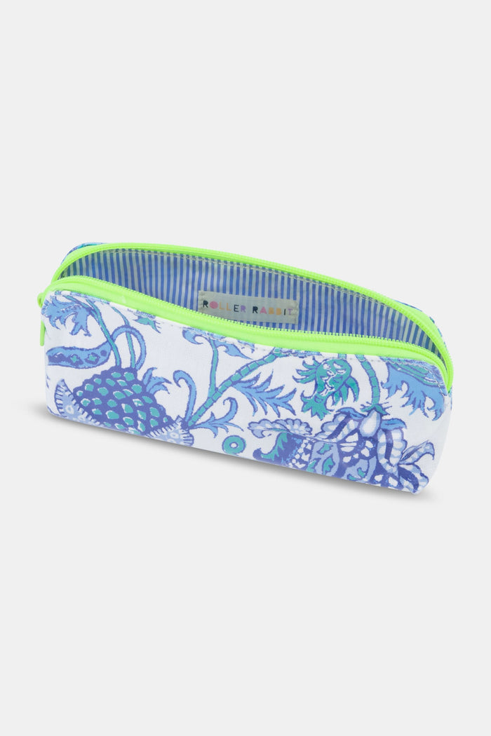 The Amanda Makeup Bag by Roller Rabbit is a rectangular fabric beauty bag featuring a blue and purple floral pattern with a bright green zipper, shown against a white background.