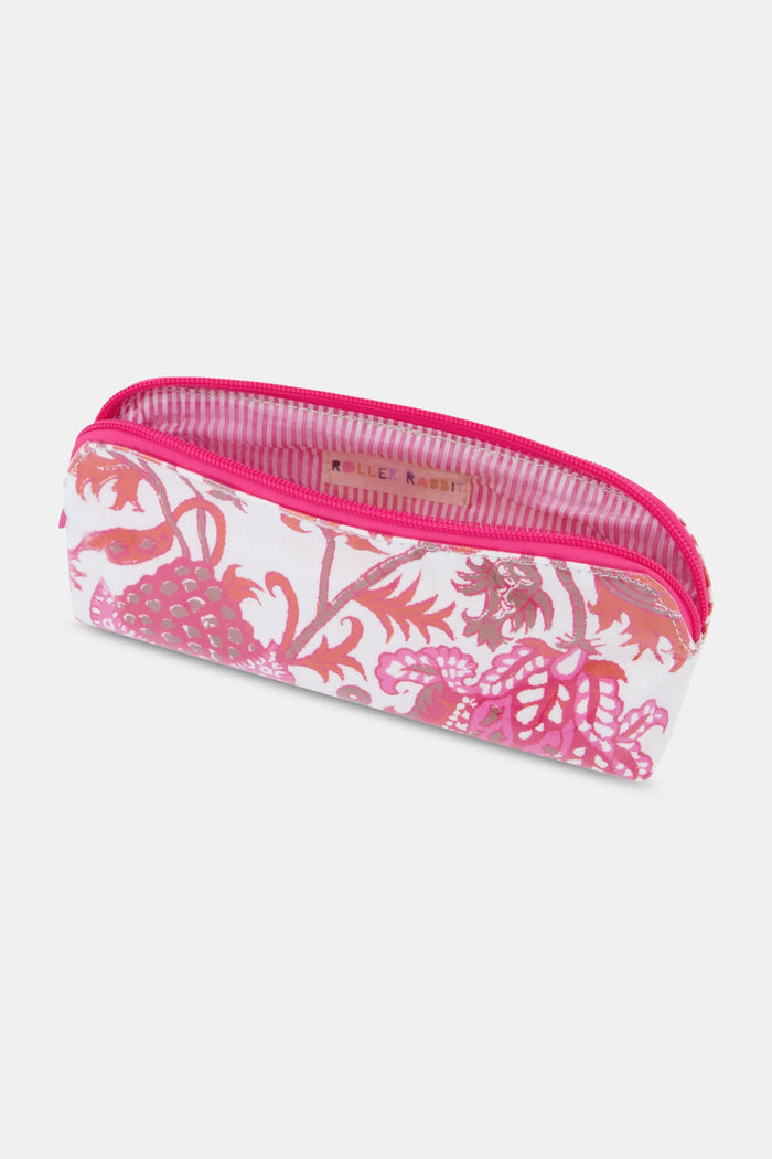 The Amanda Makeup Bag by Roller Rabbit features a pink and red floral print on white fabric, plus a matching pink zipper. This stylish zippered pouch is perfect as a beauty bag or travel accessory.