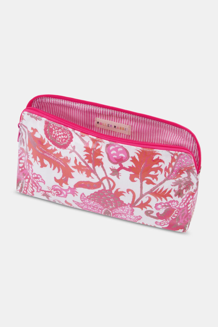 The Amanda Makeup Bag by Roller Rabbit features a pink and red floral print on white fabric, plus a matching pink zipper. This stylish zippered pouch is perfect as a beauty bag or travel accessory.