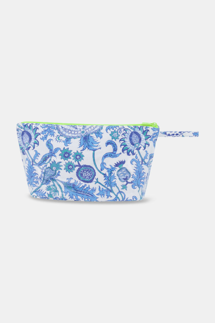 The Amanda Toiletry Case by Roller Rabbit is a rectangular, water-resistant pouch with a blue and purple floral pattern, green zipper, and matching side handle—ideal for travel essentials against a white background.