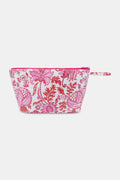 The Amanda Toiletry Case by Roller Rabbit is a rectangular bag with a zipper and small handle, featuring a pink and red floral and paisley print on white—ideal for organizing your travel essentials.