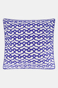 The Big Cata Decorative Pillow by Roller Rabbit features a bold geometric deep blue and white pattern with interlocking shapes, matching blue piped edge, 100 cotton cover, and a plain light-colored background.
