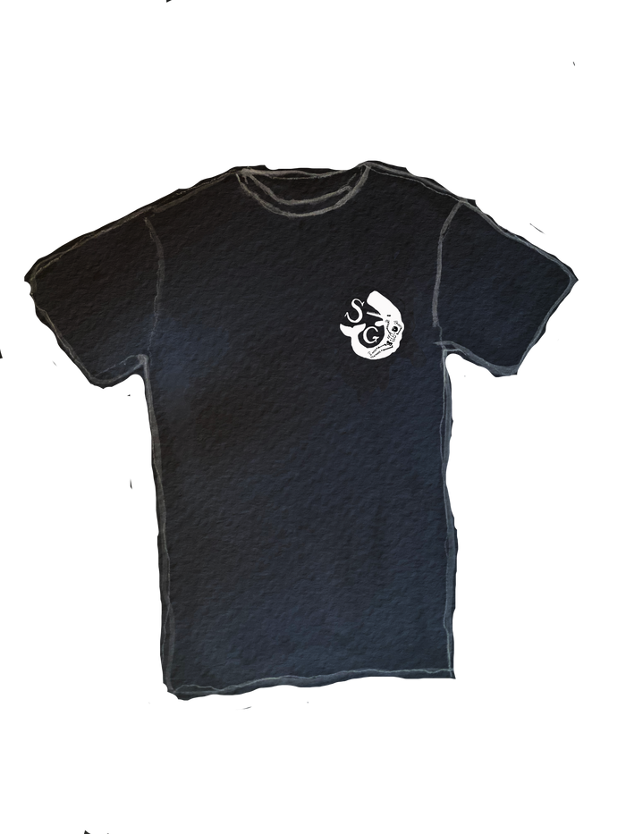 A black crew neck t-shirt with a white logo on the front and back.