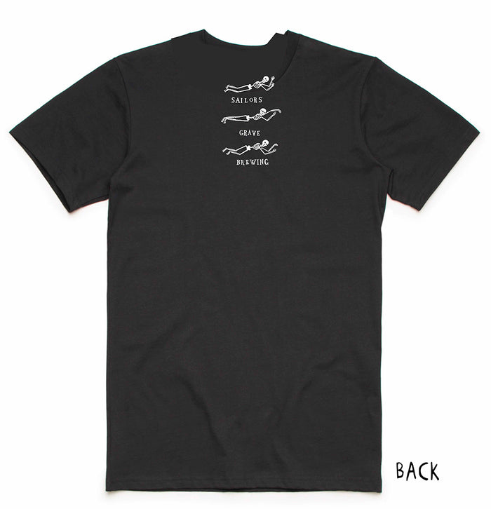 Back of Black Sailors Grave logo tee, with skeletons and text