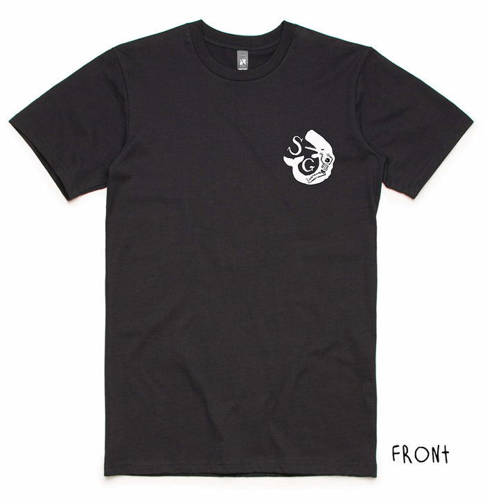 Front of Sailors Grave black logo tee