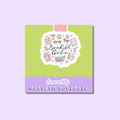 A square product card for a magnetic bookmark featuring a lime green and lavender design with cute bookish doodles and the text 'Bookish Girlie' and 'limes & lily MAGNETIC BOOKMARK'.