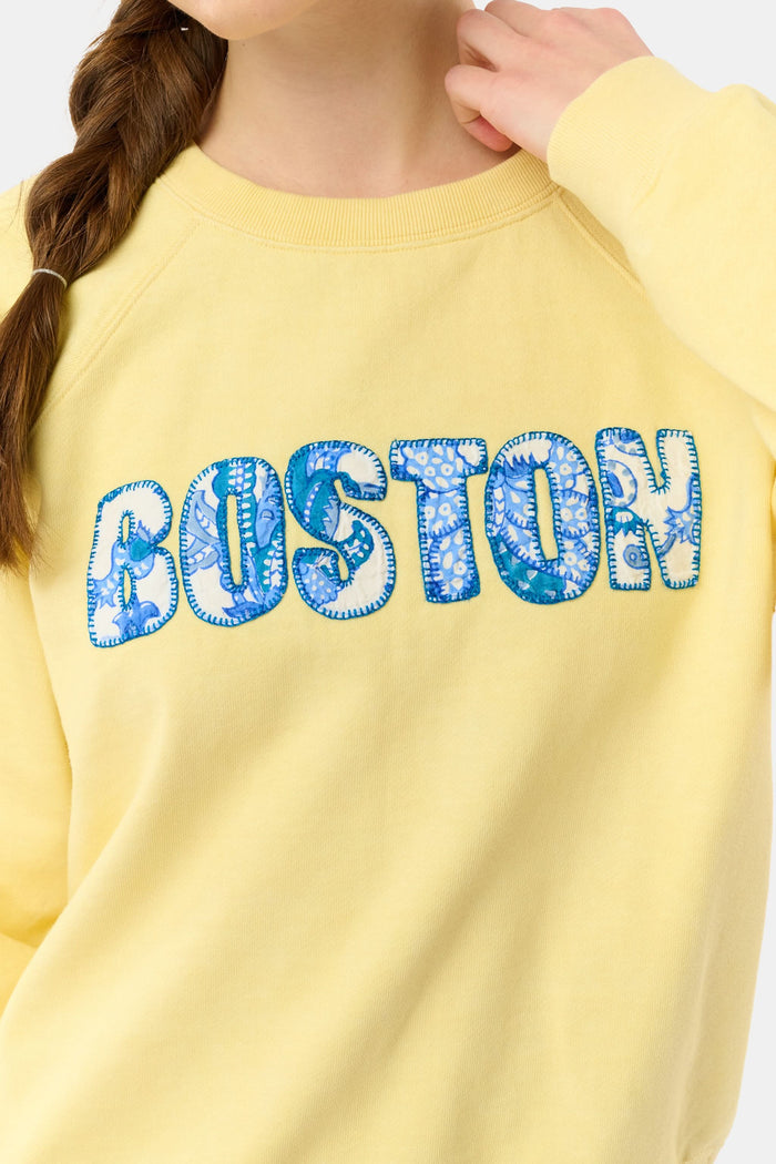 A woman with long brown hair in a loose braid wears the Roller Rabbit Boston Applique Crewneck in light yellow and blue-and-white floral pants, standing against a plain light background.