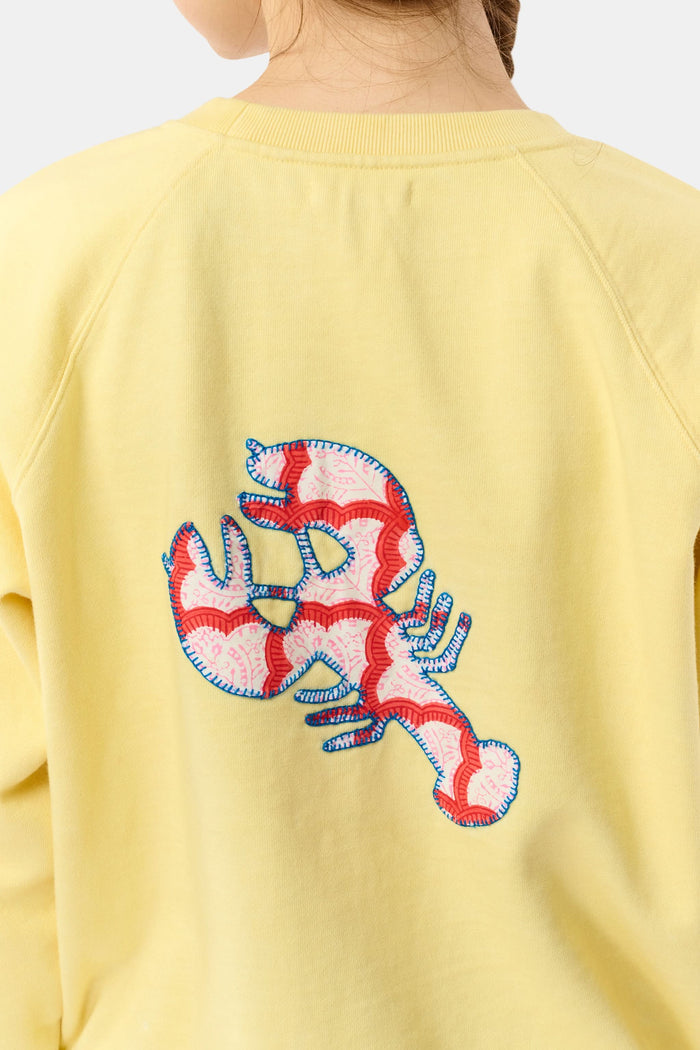 A woman with long brown hair in a loose braid wears the Roller Rabbit Boston Applique Crewneck in light yellow and blue-and-white floral pants, standing against a plain light background.