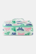 The Roller Rabbit Butterfly Skies Carry All Case is a rectangular, zippered bag with a top handle and a green, blue, and pink butterfly pattern on a light green dotted background—ideal for organizing makeup or toiletries when traveling.