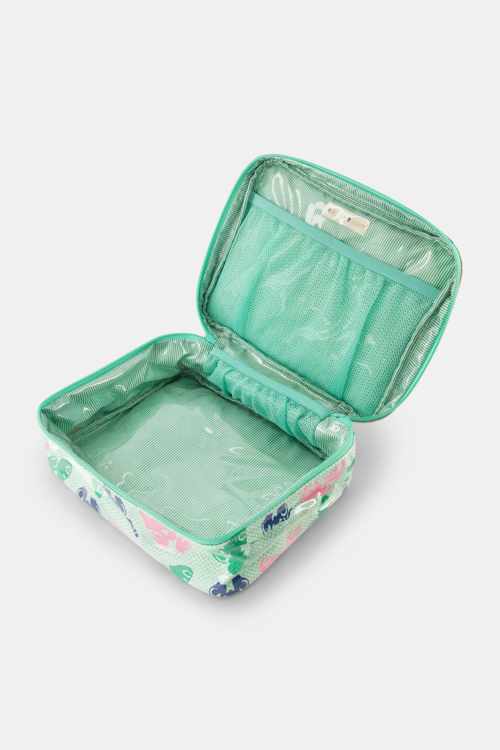 The Roller Rabbit Butterfly Skies Carry All Case is a rectangular, zippered bag with a top handle and a green, blue, and pink butterfly pattern on a light green dotted background—ideal for organizing makeup or toiletries when traveling.
