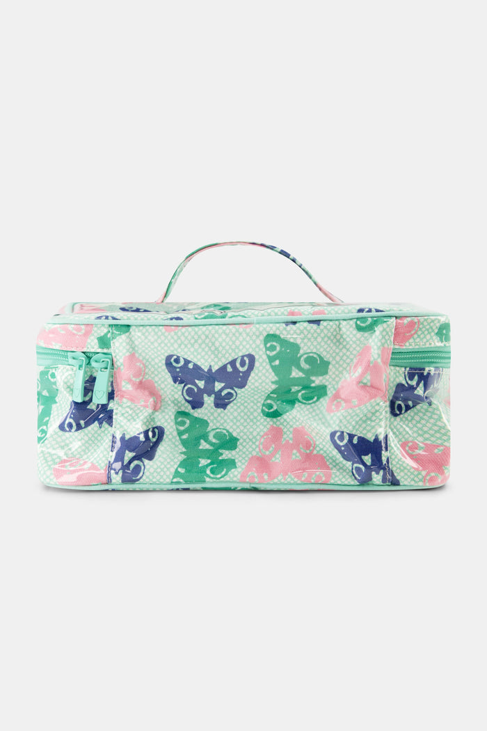 The Roller Rabbit Butterfly Skies Carry All Case is a rectangular, zippered bag with a top handle and a green, blue, and pink butterfly pattern on a light green dotted background—ideal for organizing makeup or toiletries when traveling.