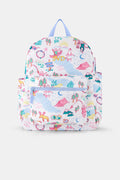 The Camp RR Backpack by Roller Rabbit features colorful cartoon camping scenes—mountains, animals, tents, trees, and rivers—plus playful characters in pink, blue, yellow, and green.