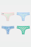 The Roller Rabbit Classic Core Thong 4 Pack features four pairs of lace-trim women’s underwear in pastel shades—pink with hearts, blue with flowers, printed blue, and green—offering soft cotton comfort and cute style.