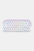 The Roller Rabbit Disco Hearts Makeup Bag is a water-resistant canvas pouch with a lavender zipper and rows of multicolored heart prints.