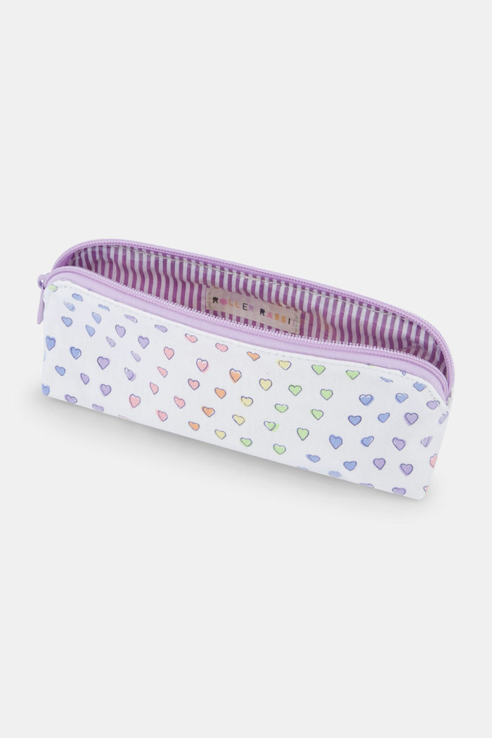 The Roller Rabbit Disco Hearts Makeup Bag is a water-resistant canvas pouch with a lavender zipper and rows of multicolored heart prints.