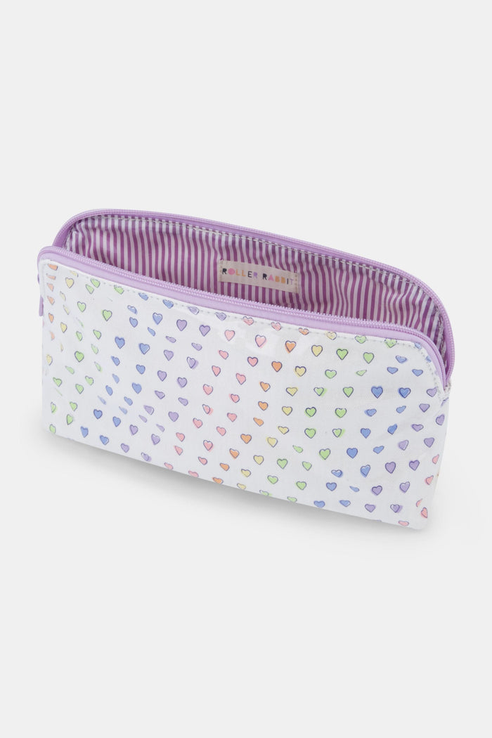 The Roller Rabbit Disco Hearts Makeup Bag is a water-resistant canvas pouch with a lavender zipper and rows of multicolored heart prints.