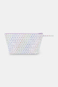 The Roller Rabbit Disco Hearts Toiletry Case is a white, rectangular zippered pouch with a strap, featuring a colorful heart pattern. Water-resistant and great for organizing your travel essentials.