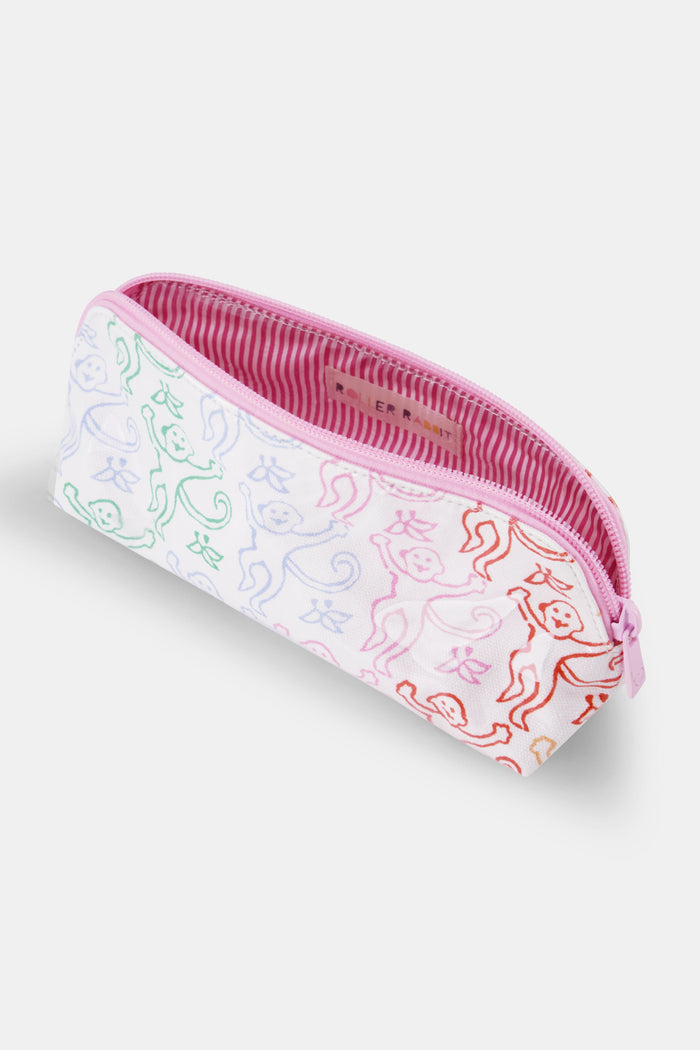 The Disco Monkey Makeup Bag by Roller Rabbit is a white cotton canvas pouch with a water-resistant finish, featuring a playful pattern of green, blue, pink, and red smiling monkeys with curly tails.