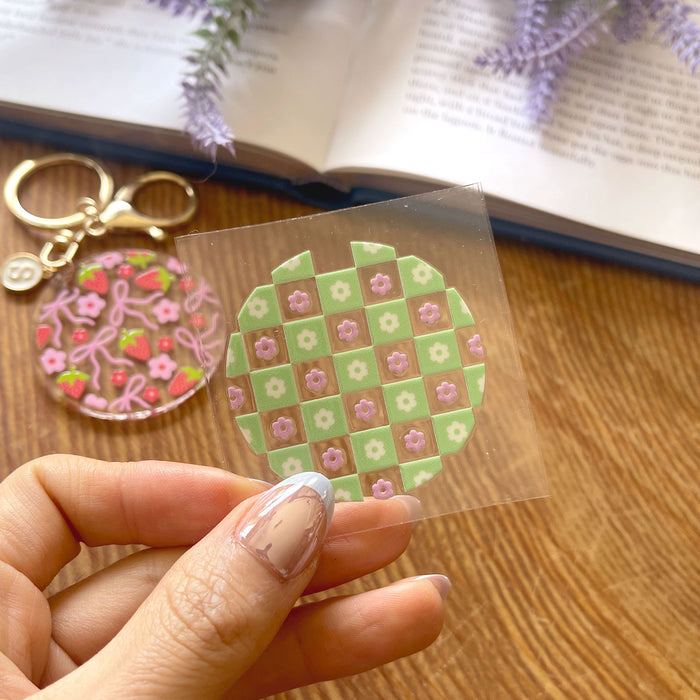 [ Double Sided ] Circle UV DTF Decal | Checkered Flower Matcha
