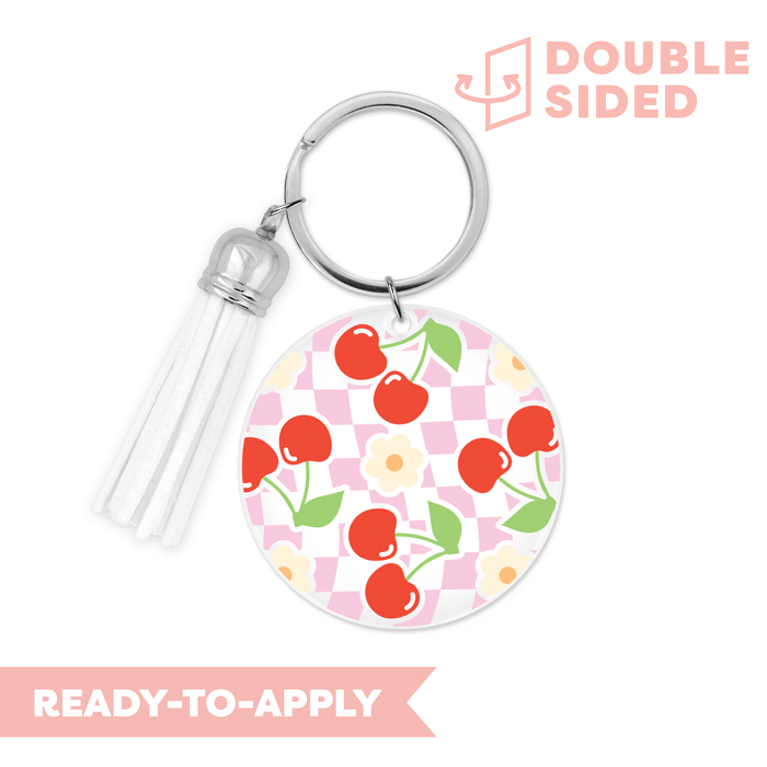 [ Double Sided ] Circle UV DTF Decal | Retro Checkered Cherry