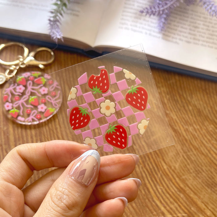 [ Double Sided ] Circle UV DTF Decal | Retro Checkered Strawberry