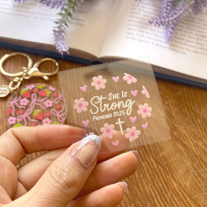 [ Double Sided ] Circle UV DTF Decal | She Is Strong Bible Verse