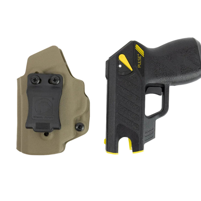 Black and yellow Taser with a tan holster on a white background