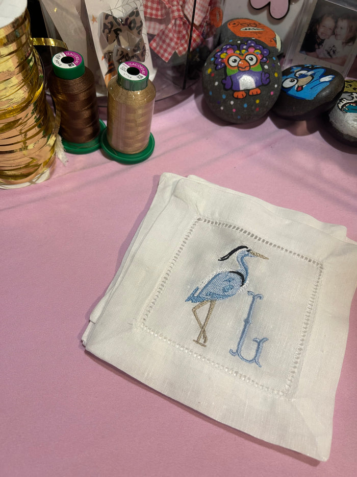 Embroidered Heron Cocktail Napkins