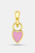 The Roller Rabbit Enamel Heart Charm is a 14K gold piece featuring a smooth pink heart-shaped pendant with a gold loop and bail, shown against a plain light gray background.