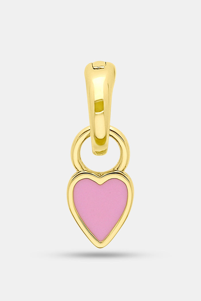 The Roller Rabbit Enamel Heart Charm is a 14K gold piece featuring a smooth pink heart-shaped pendant with a gold loop and bail, shown against a plain light gray background.