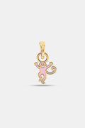 The Enamel Monkey Charm by Roller Rabbit features a gold and pink design with a curled tail and raised arms, crafted from 14K Gold Covered Brass, and is attached to a clasp on a plain light background.