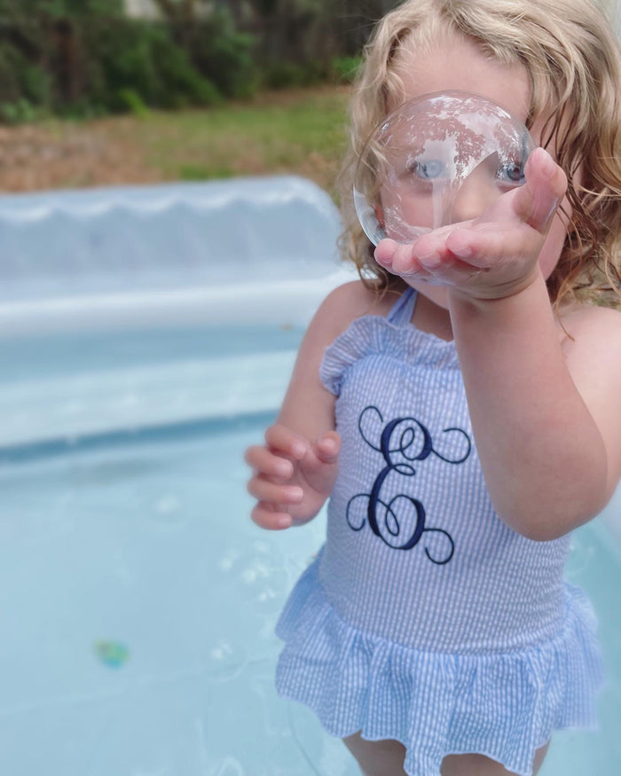 Evvi’s Embroidered E Seersucker Swim Suit 5T
