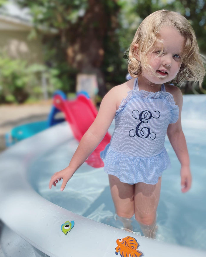 Evvi’s Embroidered E Seersucker Swim Suit 5T