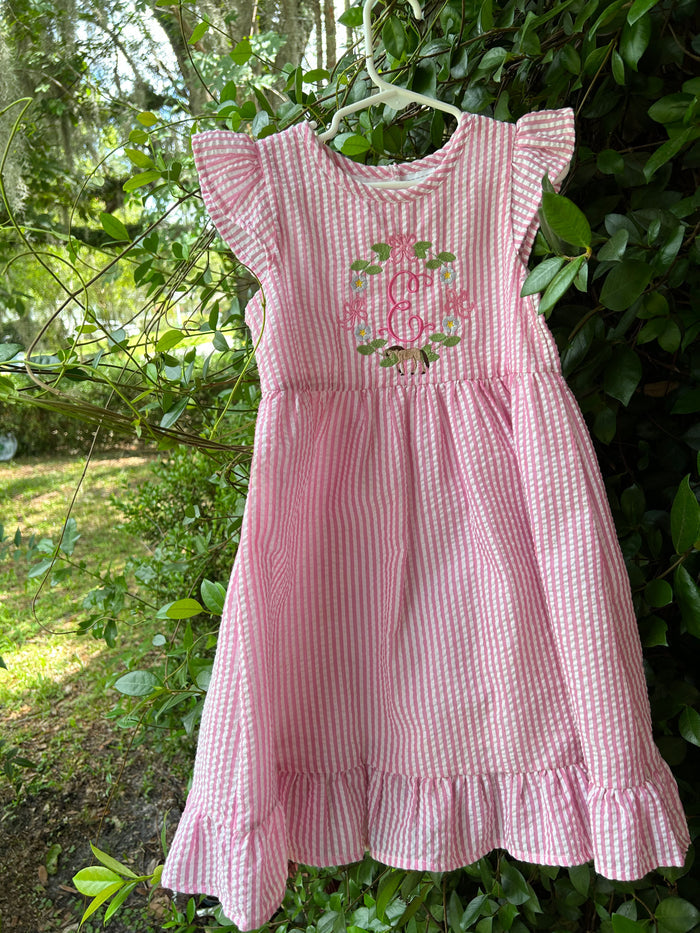 Evvi’s Pink Seersucker Floral Horse Dress 5T