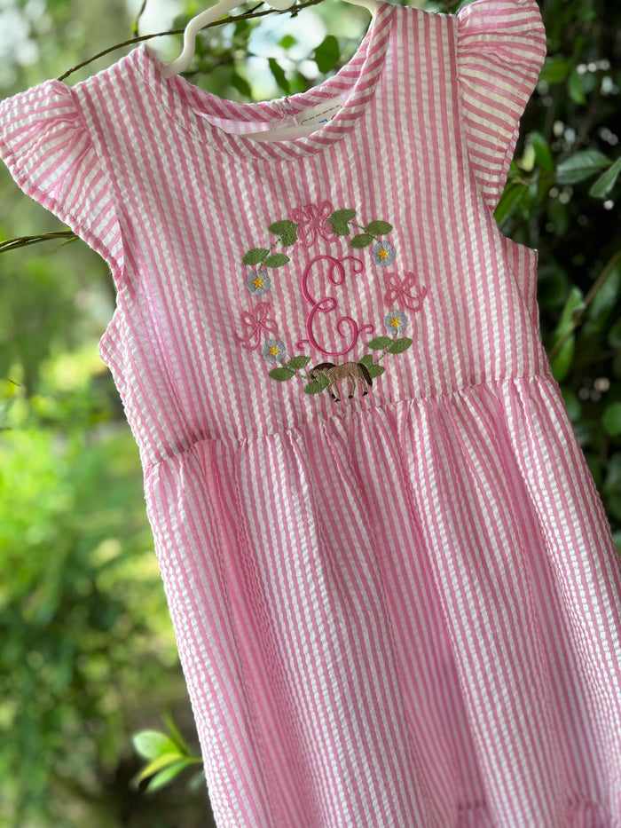 Evvi’s Pink Seersucker Floral Horse Dress 5T