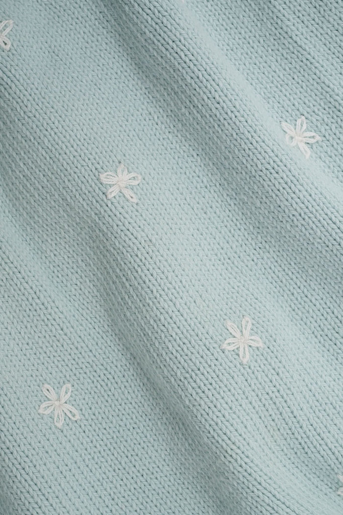Close-up of a woman wearing the Roller Rabbit Floral Bloom Nyla Cardigan, a light blue cotton button-up with white embroidered stars, rounded neckline, and short sleeves, styled with white eyelet shorts.