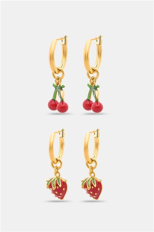 The Roller Rabbit Fruits D'Eete Hoop Earring Pack features two gold huggie pairs: one with cherry charms, the other with strawberry charms. Mix and match for a playful summer accessory combo.