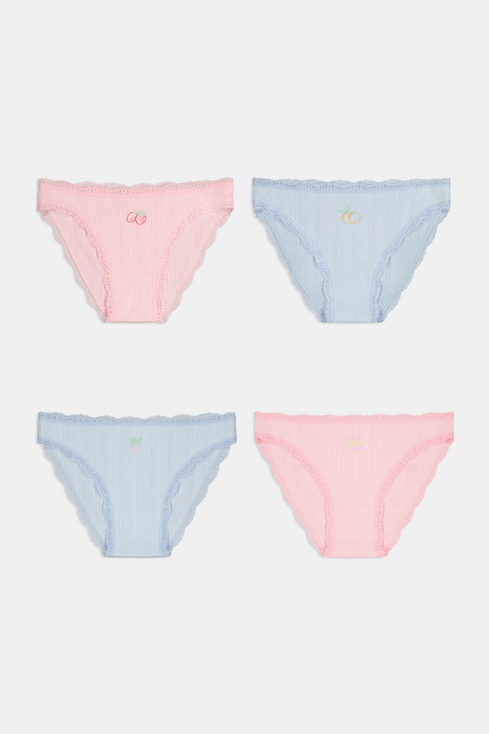 The Roller Rabbit Fruits Embroidery Bikini 4 Pack features four ribbed girls' panties—two pink, two light blue—made from soft Pima cotton with delicate lace trim and playful embroidered fruits for a retro touch.