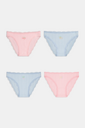 The Roller Rabbit Fruits Embroidery Bikini 4 Pack features four ribbed girls' panties—two pink, two light blue—made from soft Pima cotton with delicate lace trim and playful embroidered fruits for a retro touch.