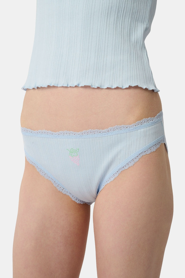 The Roller Rabbit Fruits Embroidery Bikini 4 Pack features four ribbed girls' panties—two pink, two light blue—made from soft Pima cotton with delicate lace trim and playful embroidered fruits for a retro touch.