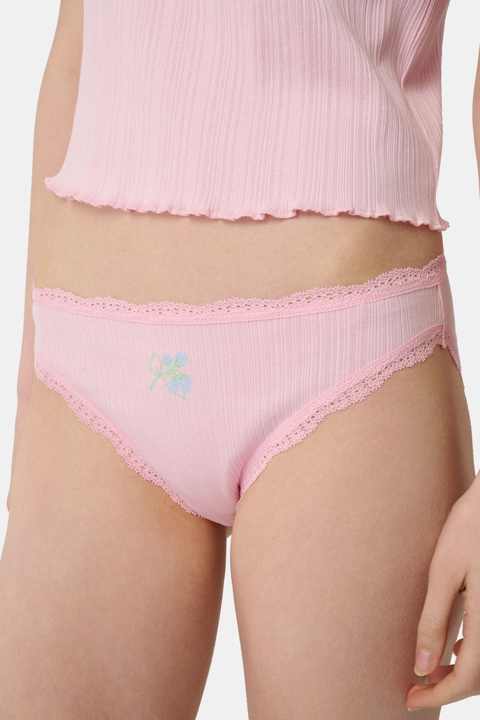 The Roller Rabbit Fruits Embroidery Bikini 4 Pack features four ribbed girls' panties—two pink, two light blue—made from soft Pima cotton with delicate lace trim and playful embroidered fruits for a retro touch.