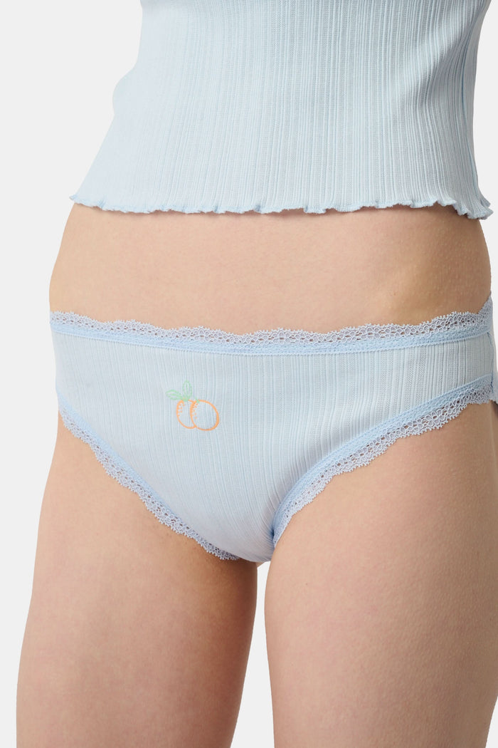 The Roller Rabbit Fruits Embroidery Bikini 4 Pack features four ribbed girls' panties—two pink, two light blue—made from soft Pima cotton with delicate lace trim and playful embroidered fruits for a retro touch.