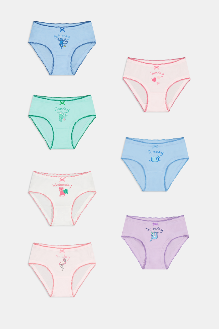 The Roller Rabbit Girls Days of the Week Underwear Pack includes seven comfy bikini panties with pastel animal prints like monkeys, whales, sloths, and flamingos—one for each day.